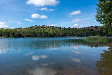 The ruidera lagoons on the route of Quixote with a blue sky