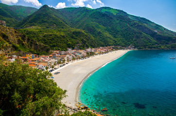 Aerial top view of sandy beach Tyrrhenian sea, Scilla, Southern Italy