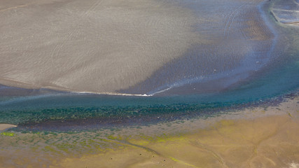 Aerial view of a delta like formation in Faroe Islands