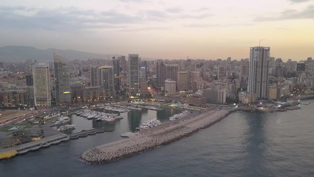 Aerial Panoramic Footage of Beirut, Lebanon, in a beautiful golden hour sunset