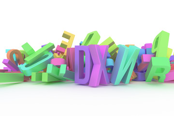Illustrations of CGI typography, letter of ABC, alphabet for graphic design or wallpapers. Bunch, modeling, education & learn.