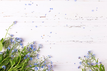 Frame from  blue forget-me-nots or myosotis flowers on  white wooden background.