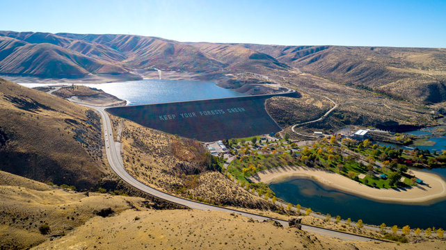 Unique perspective of the Luck Peak Dam on the Boise River in the fall