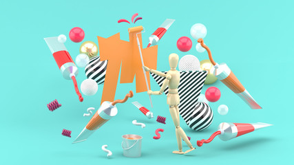 Wooden puppet Painting amidst colored tubes and colorful balls on a blue background.-3d render.