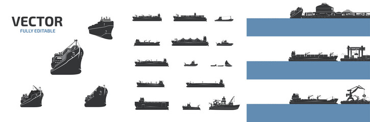 Vector large cargo ships and boats of various types new.