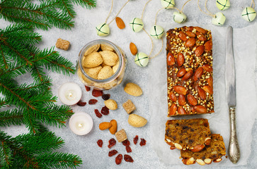 Fruitcake. Traditional Christmas cake with almonds, dried cranberries, cinnamon, cardamom, anise, cloves.  Pudding. New year