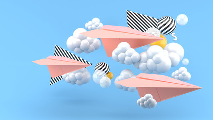 Pink paper airplane amid clouds on blue background.-3d render.