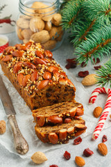Fruitcake. Traditional Christmas cake with almonds, dried cranberries, cinnamon, cardamom, anise, cloves.  New year