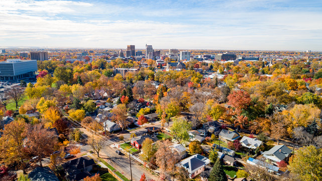 Unique perspective of the Boise Idaho skyline in the Fall time of year Aerial
