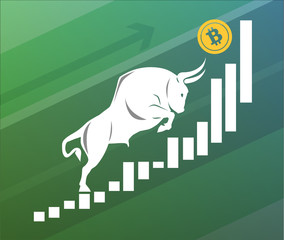 Bull moves Bitcoin up on graph, positive cryptocurrency market, green background - 232685211