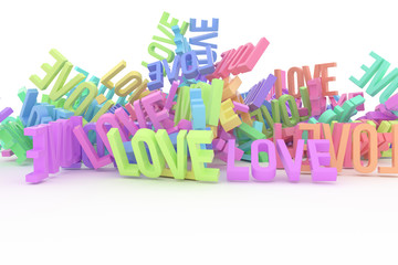Abstract CGI typography, bunch of word represent love. Wallpaper for graphic design. Pattern, rendering, caption & artwork.