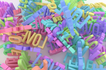 Illustrations of CGI typography, bunch of word, love for graphic design or wallpapers. Backdrop, artwork, 3d & style.