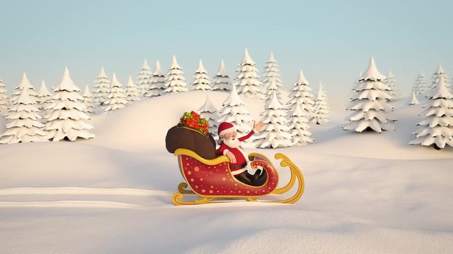 A cartoon Santa Claus is driving through a snowy winter landscape with his sleigh from screen left to right. Side view. High quality 3d animation
