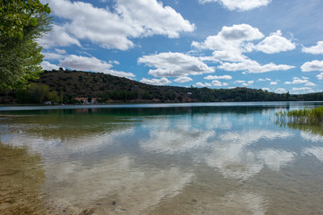 The ruidera lagoons on the route of Quixote with a blue sky