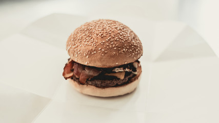 Close up. Cooking Burger in Food Truck.