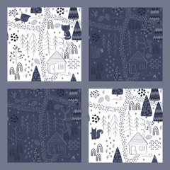 Set of Winter forest background with animals and trees. Seamless pattern
