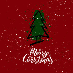 Merry Christmas hand lettering on textured background with snowfall and tree. Typography for Happy New Year holidays greeting card, invitation, banner, postcard, poster template. Vector.