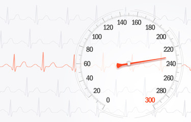 High rate of blood pressure on the background of cardiogram lines, vector image
