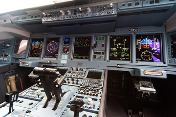 Closeup high detailed view on engine power control and other aircraft control unit in the cockpit...