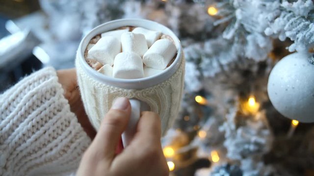 Celebrating Christmas Holidays At Home. Hot Chocolate With Marshmallow.