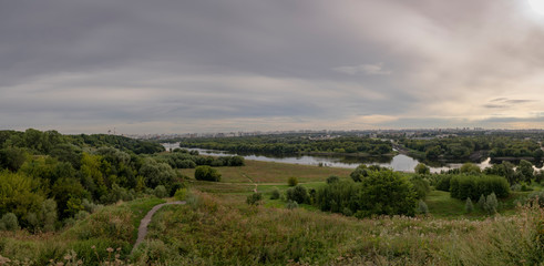 Panorama of Moscow recreation park on the bank of Moskva River.