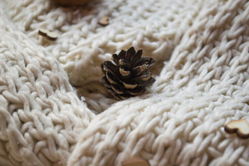 A knitted woolen texture with natural decor. Cold season background.