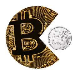 Bitcoin eats ruble isolated on white background