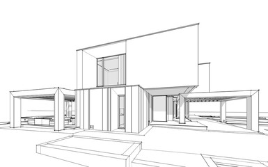 3d rendering sketch of modern cozy house by the river with garage for sale or rent. Black line sketch with soft light shadows on white background
