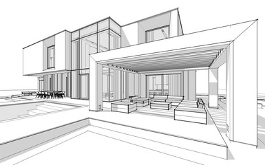 3d rendering sketch of modern cozy house by the river with garage for sale or rent. Black line sketch with soft light shadows on white background