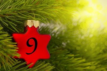 ein Weihnachtsbaumanhänger (Stern) am Baum mit einer Zahl (9)