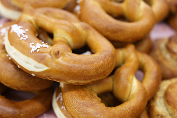 Freshly baked Pretzels with salt. Traditional Bavarian pastry (German Bretz)