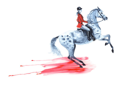 Horseback rider in red jacket and rearing dapple grey horse. Watercolor hand drawing fluid blot drop blob wet texture. Horseman girl on stallion. England equestrian sport traditional style on white