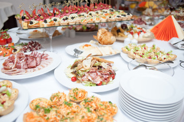 buffet table at the banquet. Festive food. Outgoing catering
