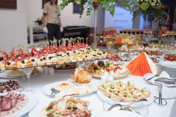 buffet table at the banquet. Festive food. Outgoing catering