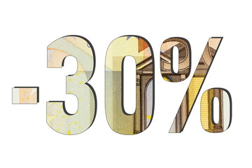 30 % Euro Banknotes. Percent Discount, Sale Up, Special Offer, Trade off, Promotion concept