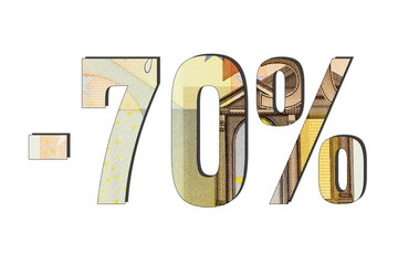 70 % Euro Banknotes. Percent Discount, Sale Up, Special Offer, Trade off, Promotion concept