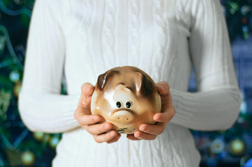 A girl holds a piggy bank in the hands of a pig on the background of the Christmas tree.