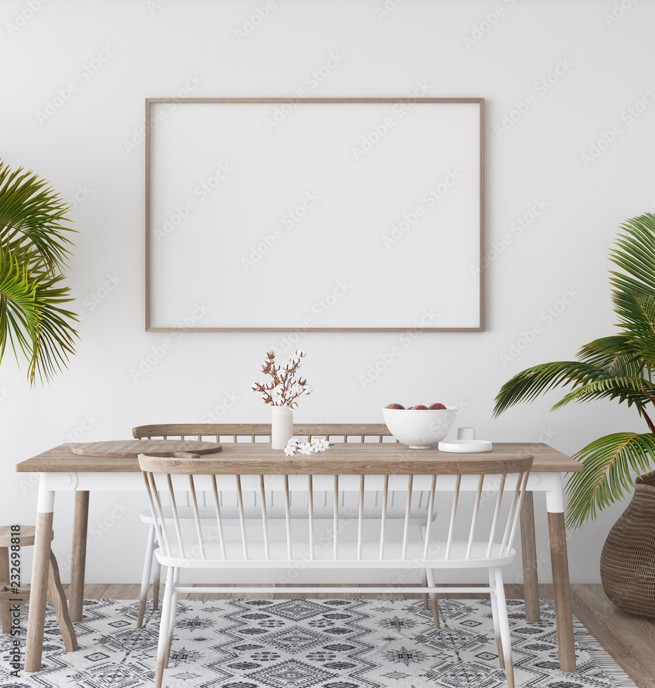 Wall mural mock-up poster in tropical living room background, scandi-boho style, 3d render