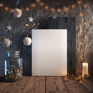 Mock up poster frame in cozy interior background, Christmas decoration, 3D render