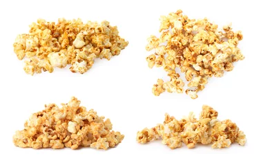 Foto op Plexiglas Set with tasty caramel popcorn on white background © New Africa