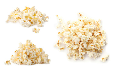 Set with tasty popcorn on white background