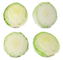 Set with cut fresh cabbages on white background