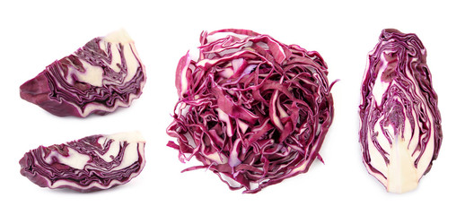 Set with cut fresh red cabbage on white background