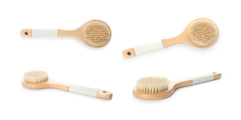 Set with bamboo bath brush on white background