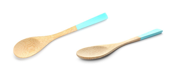 Set with bamboo spoon on white background