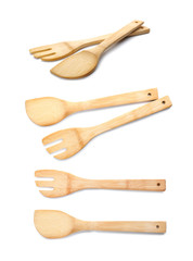 Set with bamboo kitchen utensils on white background
