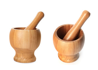 Set with bamboo mortar and pestle on white background