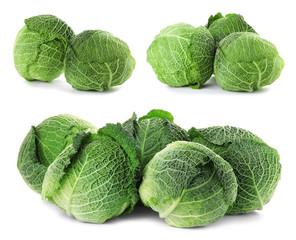 Set with fresh savoy cabbages on white background