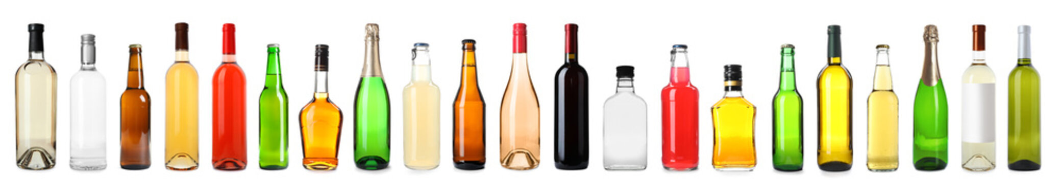 Naklejka Set of bottles with different drinks on white background