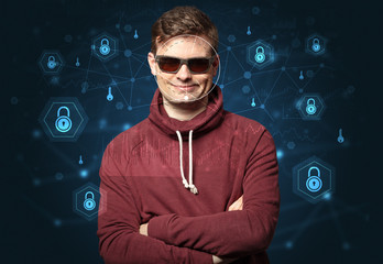 Facial security recognition concept with mesh and locks